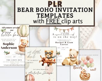 PLR Boho Teddy Bear Baby Shower Invitation | Canva Template (Digital Download)