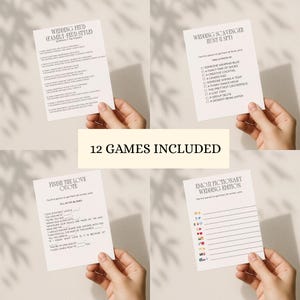 以下が含まれることがあります： 「Wedding Feud」、「Wedding Scavenger Hunt」、「Finish the Love Quote」、および「Emoji Pictionary」を含む、結婚式のゲームカードのセット。カードは白地に黒い文字で、さまざまな結婚式をテーマにしたプロンプトが特徴です。「12 GAMES INCLUDED」というテキストも表示されています。
