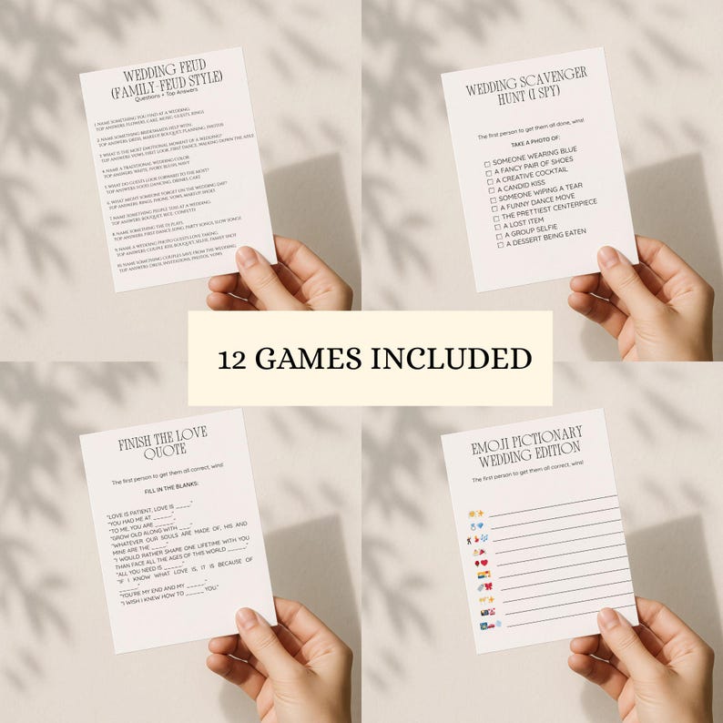 以下が含まれることがあります： 「Wedding Feud」、「Wedding Scavenger Hunt」、「Finish the Love Quote」、および「Emoji Pictionary」を含む、結婚式のゲームカードのセット。カードは白地に黒い文字で、さまざまな結婚式をテーマにしたプロンプトが特徴です。「12 GAMES INCLUDED」というテキストも表示されています。