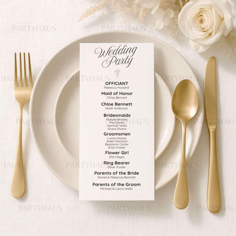 以下が含まれることがあります： 「Wedding Party」の文字と名前のリストが書かれたウェディングメニューカード。白いお皿の上に金色のカトラリーと一緒に置かれています。カードには、司祭、メイド・オブ・オナー、ブライズメイド、グルームズメン、フラワーガール、リングベアラー、新郎新婦の両親が記載されています。