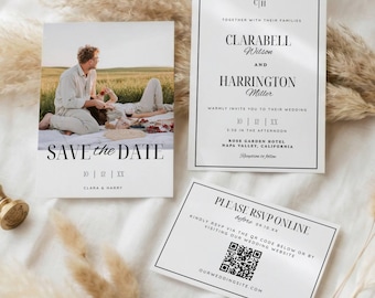 Elegant Minimalist Wedding Invitation Set, Editable Canva Template, QR Code RSVP, Minimal Elegant Printable Invite, Photo Option