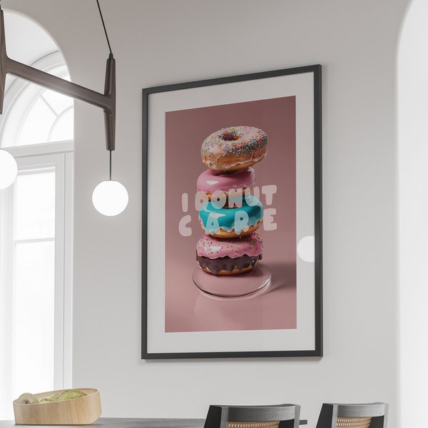 I DONUT CARE Colorfull Wall Print, Pink and red Retro Wall Decor, Quote typography, Downloadable, Preppy room decor, Dorm decor,