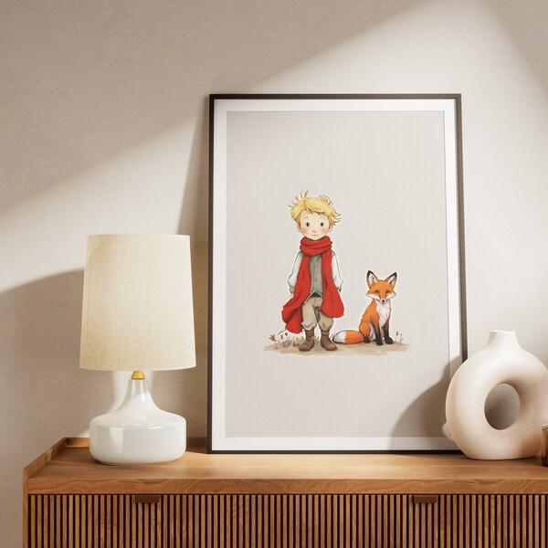 Kid and Fox walking Art Print For Children and Nursery Decor - Kids Illustration Wall Decoration - Playroom - Gift for Boy and Girls Fox