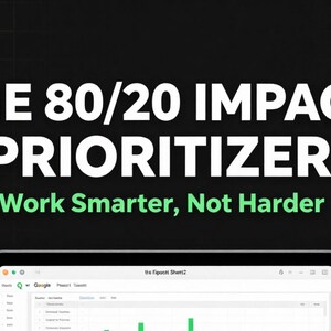 May include: A digital graphic featuring the white text THE 80/20 IMPACT PRIORITIZER and the green text Work Smarter, Not Harder against a black grid background, positioned above a partial view of a spreadsheet interface on a computer screen.