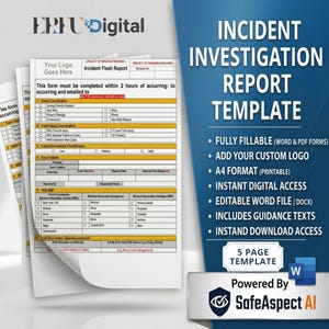 Puede incluir: Una plantilla digital de informe de investigación de incidentes que presenta un formulario blanco con encabezados amarillos, casillas de verificación y campos de texto. El documento incluye secciones para la clasificación de eventos, lesiones y detalles.