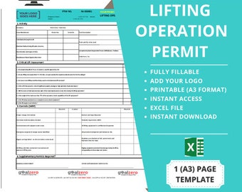 May include: A blue and white printable lifting operation permit template in A3 format. The template is fully fillable, includes space to add your logo, and is available as an Excel file. The text "HEALTH AND SAFETY HUB" and "LIFTING OPERATION PERMIT" is displayed in large white letters on a blue background.