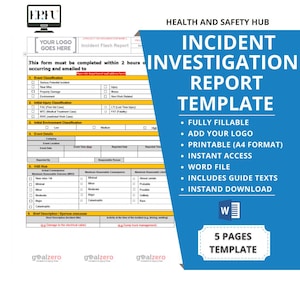 Op de afbeelding: Een printbare sjabloon voor een incidentonderzoeksrapport in Word-formaat. De sjabloon is volledig invulbaar, bevat begeleidende teksten en is direct te downloaden. De sjabloon is ontworpen voor professionals op het gebied van gezondheid en veiligheid.