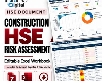 May include: An editable Excel workbook for construction HSE risk assessment by EPFU Digital. The document features an executive dashboard with risk charts, a 5x5 risk matrix, and a master risk register. It includes 7 sheets for tracking.