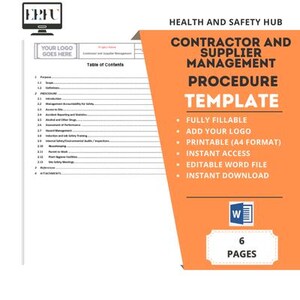 May include: A template for a contractor and supplier management procedure. The template is fully fillable, printable, and includes a table of contents. It is available for instant download and is editable in Microsoft Word.