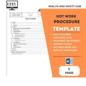 Puede incluir: Una plantilla para un procedimiento de trabajo en caliente, con una tabla de contenido, un espacio reservado para el logotipo y el texto "HEALTH AND SAFETY HUB" y "HOT WORK PROCEDURE TEMPLATE". La plantilla es totalmente rellenable, imprimible e incluye acceso instantáneo, un archivo de Word editable y una descarga instantánea. La plantilla tiene 9 páginas.