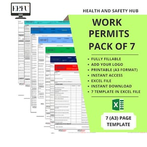 May include: A pack of 7 printable work permit templates in A3 format. The templates are fully fillable and include space to add your logo. The pack is available for instant download and includes an Excel file.