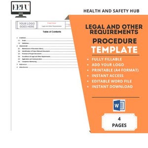May include: A template for a legal and other requirements procedure. The template is fully fillable, printable in A4 format, and includes a table of contents. It is available for instant download and access. The template is 4 pages long.