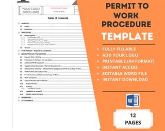 May include: A template for a permit to work procedure, with a table of contents, a logo placeholder, and the text "HEALTH AND SAFETY HUB" and "PERMIT TO WORK PROCEDURE TEMPLATE". The template is fully fillable, printable, and editable. It is available for instant download.