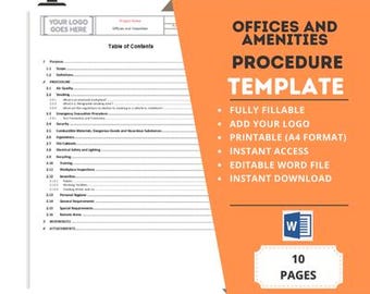 Könnte beinhalten: Eine druckbare Vorlage für ein Büro- und Ausstattungsverfahren. Die Vorlage ist vollständig ausfüllbar, enthält Platz für ein Logo und ist im A4-Format verfügbar. Sie ist in Microsoft Word bearbeitbar und kann sofort heruntergeladen werden. Die Vorlage umfasst 10 Seiten.