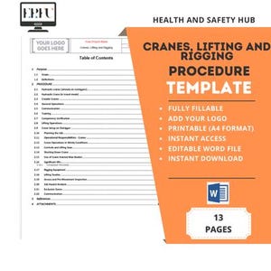 Puede incluir: Una plantilla imprimible para un procedimiento de grúa, elevación y aparejo. La plantilla es totalmente rellenable, incluye espacio para un logotipo y está disponible en formato A4. Es un archivo de Word editable y se puede descargar instantáneamente. La plantilla tiene 13 páginas.