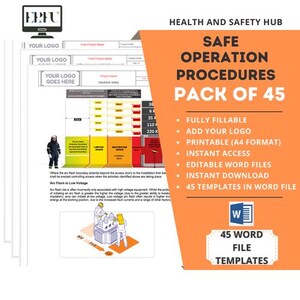 Könnte beinhalten: Ein Pack mit 45 druckbaren Vorlagen für sichere Betriebsanweisungen im Microsoft Word-Format. Die Vorlagen sind vollständig ausfüllbar und bieten Platz für Ihr Logo. Das Paket steht zum sofortigen Download bereit.