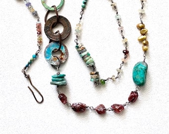 Long Boho Gemstone Necklace, Rust and Gemstones Necklace, Luxury Multi Colored Gemstones, Sundance Style Jewelry, One of a Kind Boho Jewelry