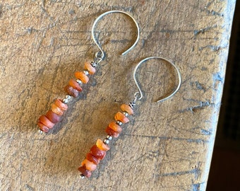 Raw Carnelian and Sterling Earrings, Matte Rosy Red Carnelian Dangles, Modern Carnelian Earrings, Hands Forged Sterling Silver