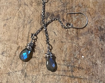 Long Labradorite Drop Earrings, Oxidized Sterling Silver, Blue Flash Labradorite Earrings, Wire Wrapped Labradorite Earrings