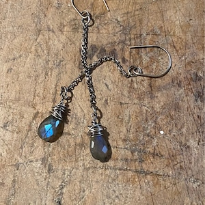 Long Labradorite Drop Earrings, Oxidized Sterling Silver, Blue Flash Labradorite Earrings, Wire Wrapped Labradorite Earrings