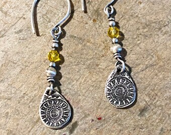 Silver Sun Earrings, Sun Mandala Dangles, Oxidized Silver Sun Earrings, Citrine  Earrings
