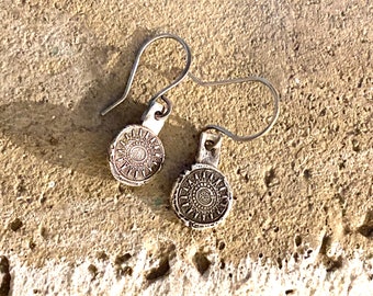 Little Silver Sun Earrings, Oxidized Silver Sun Dangles, Small Silver Mandala Earrings