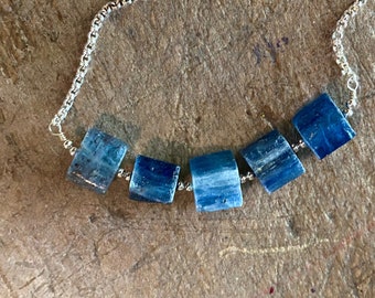 Simple Blue Kyanite Necklace. Hand-forged Artisan Necklace. Natural Raw Blue Stones. Blue & Silver Everyday Necklace.