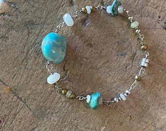 Turquoise Nugget Silver Bracelet, Turquoise & Gemstone Bracelet, White Sapphire Artisan Bracelet