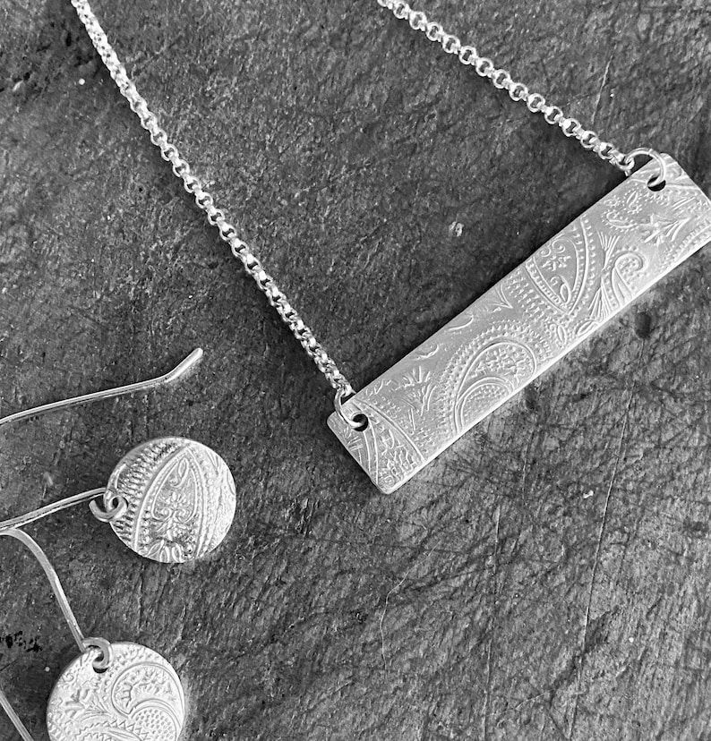 Sterling Silver Bar Necklace Pendant Rectangle Boho Paisley Etsy