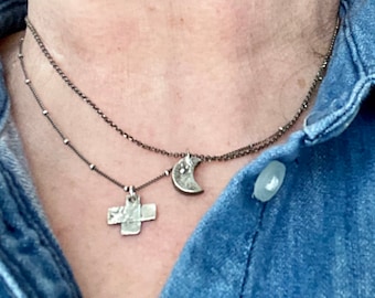 Tiny Rustic Silver Cross, Silver Satellite Chain, Primitive Small Cross, Ancient Pagan Symbol