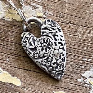 Silver Layering Necklace, Oxidized Silver Heart Pendant, Floral Gifts for Her, Boho Artisan Necklace Charm