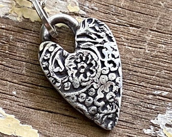 Silver Layering Necklace, Oxidized Silver Heart Pendant, Floral Gifts for Her, Boho Artisan Necklace Charm