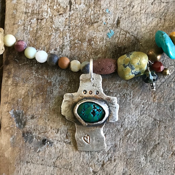 Hand Forged Sterling Silver Turquoise Cross Pendant, Boho Gemstone Necklace