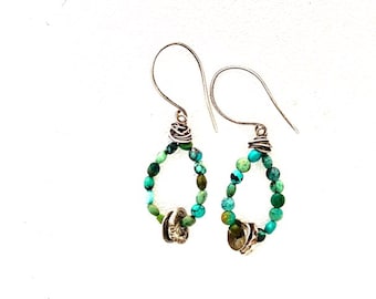 Little Turquoise Hoop Earrings, Turquoise and Raw Sterling Silver Dangles, Sundance Style Turquoise Earrings, Handforged Sterling Earrings