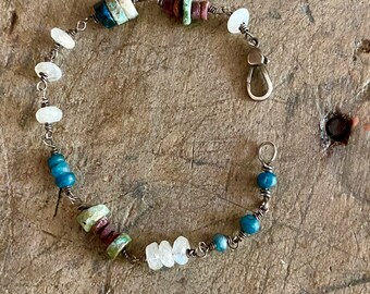 Raw Ruby and Moonstone Bracelet, Wire Wrapped Gemstone Bracelet, Sundance Style Sterling Bracelet, Raw Stones Rubies, Romantic Gift for Her