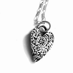 Silver Heart Necklace, Oxidized Silver Heart Pendant, Floral Gifts for Her, Boho Artisan Necklace Charm, Layering Necklace