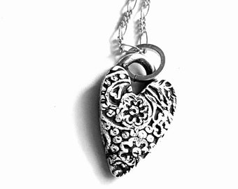 Silver Heart Necklace, Oxidized Silver Heart Pendant, Floral Gifts for Her, Boho Artisan Necklace Charm, Layering Necklace