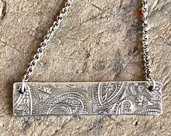 Handmade Sterling Silver Bar Necklace, Boho Mehndi Paisley Pendant
