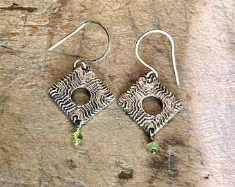 Peridot Short Dangle Earrings, Short Silver Dangles & Peridot, Hand Imprinted Oxidized silver, Unique Artisan Jewelry, Ready to Ship