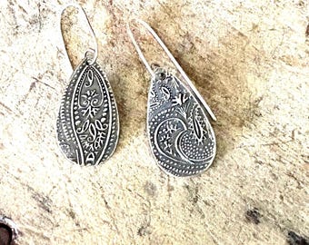 Tears of Joy Fine Silver Earrings, Boho Paisley Dangles, Mendhi Design Luxe, Large Teardrop Artisan Earrings, Hand Forged Sterling Earwires