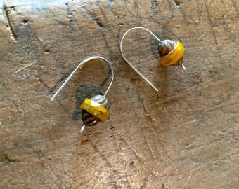 Hand-Forged Sterling Silver Earrings, Mustard Yellow Czech Glass, Boho Dangle Jewelry