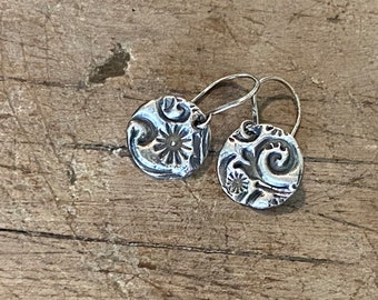 Small Silver Flower Earrings, Rustic Floral Silver Earrings, Petite Botanical Earrings, Oxidized Short  Dangles