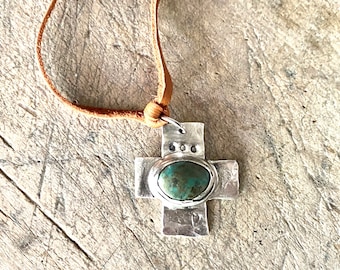 Turquoise Cross Pendant, Handforged Silver Cross, Jes Maharry Style Leather Necklace, Sundance Style Necklace For Men Women