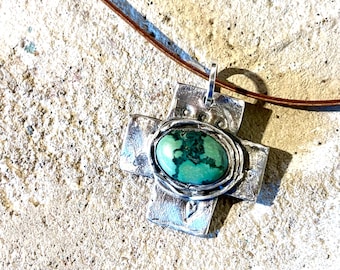 Turquoise Cross Pendant, Handforged Silver Cross, Jes Maharry Style Leather Necklace, Sundance Style Necklace For Men Women