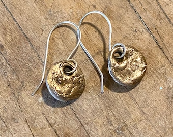 Rustic Gold Artisan Earrings, Modern Mixed Metal Dangles, Bronze Disk Earrings