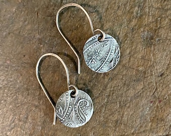 Tiny Silver Paisley Earrings, Handstamped Mendhi Design, Petite Bohemian Gifts, Handmade Boho Gift for her