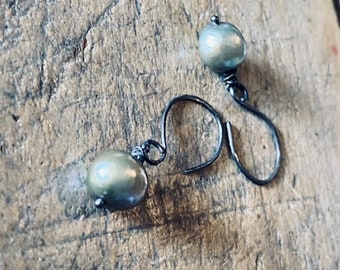 Artisan Pearl Earrings,  Pale Blue Green Pearls, Real Pearl Bridal Earrings, Bridesmaids Gifts, Wife Girlfriend Gifts