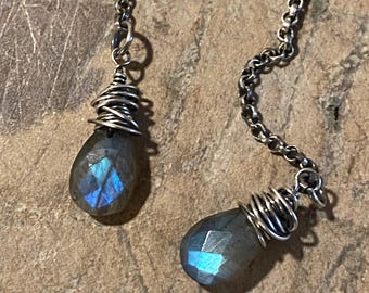 Labradorite Drop Earrings, Oxidized Sterling Silver, Blue Flash Labradorite Earrings, Wire Wrapped Labradorite Earrings