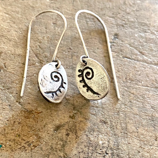 Tiny Silver Dangle Earrings, Little Fern Botanical Dangles, Dainty Short Silver Dangles, Hand forged silver jewelry, Gift under 35 dollars