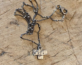 Tiny Rustic Silver Cross, Silver Satellite Chain, Primitive Small Cross, Ancient Pagan Symbol